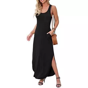 Женское летнее пляжное черное цельное платье без рукавов с U-образным вырезом и разрезом S чёрный