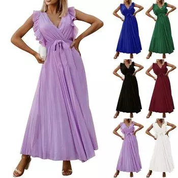 Женское летнее пляжное длинное модное тонкое сексуальное шифоновое плиссированное платье с рюшами и рукавами