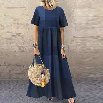 Женское летнее пляжное длинное платье с коротким рукавом и круглым вырезом в клетку S жёлтый