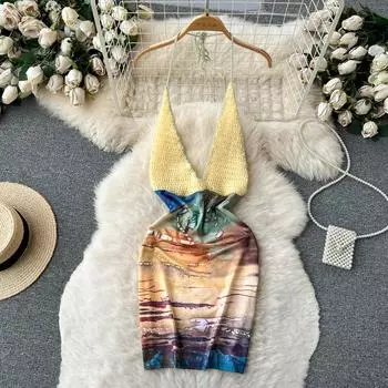 Женское летнее пляжное лоскутное платье с бретелькой на шее и богемным принтом, короткий сарафан, горячее короткое платье на шнуровке S жёлтый