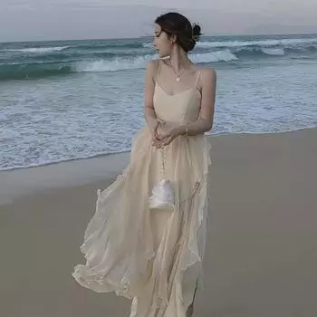 Женское летнее пляжное платье 2021 года из шифона - корейский стиль Fairy Seaside Holiday Maxi S