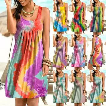 Женское летнее пляжное платье без рукавов с круглым вырезом и принтом тай-дай с большим подолом XXL синий