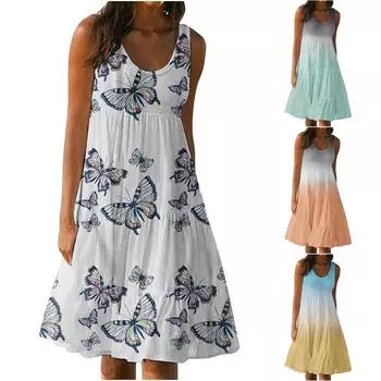 Женское летнее пляжное платье без рукавов с рюшами и круглым вырезом, платье миди, повседневный сарафан L синий