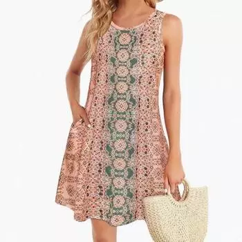 Женское летнее пляжное платье без рукавов в стиле ретро с цветочным принтом и карманами, жилет, повседневные платья S коралловый