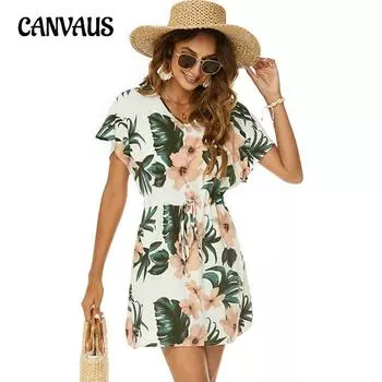 Женское летнее пляжное платье больших размеров с принтом, завязками на шнурке, V-образным вырезом, свободным рукавом «летучая мышь» S чёрный