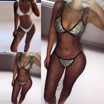 Женское летнее пляжное платье с ажурной сеткой и эластичными стразами Free size чёрный