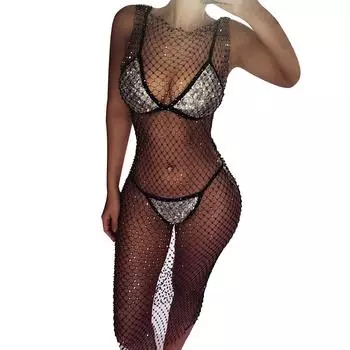Женское летнее пляжное платье с ажурной сеткой и эластичными стразами Free size чёрный