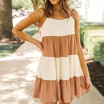 Женское летнее пляжное платье с цветными блоками, свободный бандажный ремень, цельное платье S оранжевый