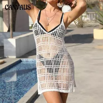 Женское летнее пляжное платье с лямкой на бретельках, пляжное платье с разрезом, короткая юбка крючком, пляжные накидки One Size белый