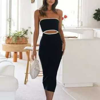 Женское летнее пляжное платье с открытыми плечами без рукавов, вязаное эластичное противоскользящее облегающее платье-бандо с вырезом до середины икры, отпускное платье S зелёный