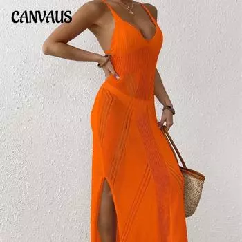 Женское летнее пляжное платье с разрезом на тонких бретелях, длинное платье One size белый