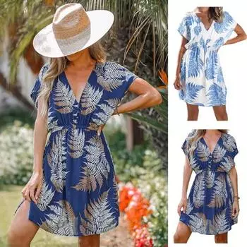 Женское летнее пляжное платье с V-образной талией и контрастным вырезом, эластичное накидка с принтом листьев, цветное бикини с короткими рукавами, мягкое S темно-синий