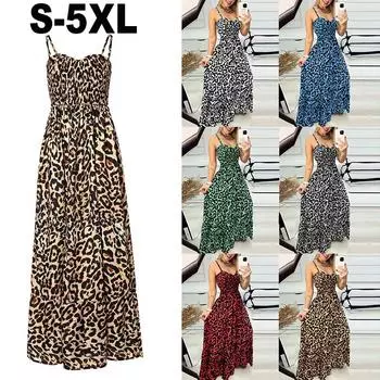 Женское летнее пляжное платье в стиле бохо с леопардовым принтом, женский праздничный сарафан с ремешками для вечеринок S красный