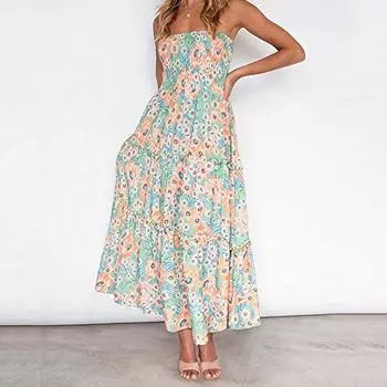 Женское летнее пляжное плиссированное платье без бретелек в богемном стиле с цветочным принтом S зелёный