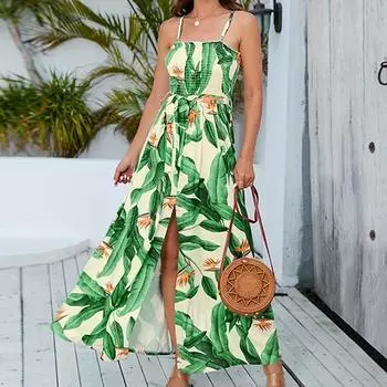 Женское летнее пляжное пляжное платье в богемном стиле с разрезом листьев и принтом цельное платье S