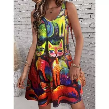 Женское летнее пляжное повседневное платье миди А-силуэта без рукавов с круглым вырезом S разноцветный