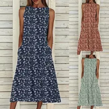 Женское летнее пляжное праздничное платье с принтом, макси-платье с круглым вырезом и большим карманом S синий