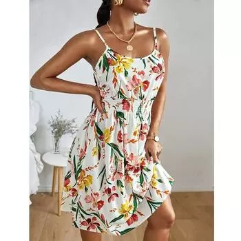 Женское летнее пляжное праздничное повседневное платье миди на тонких бретельках с цветочным принтом S белый