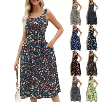 Женское летнее пляжное свободное платье трапециевидной формы средней длины с круглым вырезом и без рукавов, платье-жилет с карманом на шнуровке и цветочным принтом M синий