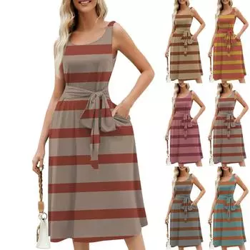 Женское летнее пляжное свободное платье трапециевидной формы средней длины с круглым вырезом без рукавов, платье-жилет с карманом и шнуровкой в полоску L