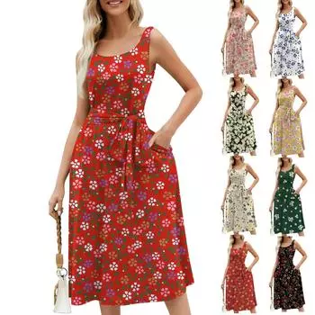 Женское летнее пляжное свободное платье трапециевидной формы средней длины с круглым вырезом и без рукавов, платье-жилет с карманом на шнуровке и цветочным принтом L бежевый