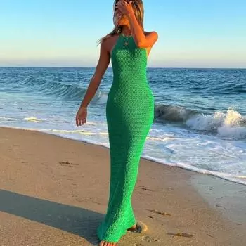 Женское летнее пляжное трикотажное платье, однотонное, без рукавов, с лямкой на шее, длинное, облегающее платье для вечеринки у бассейна, пляжные накидки S