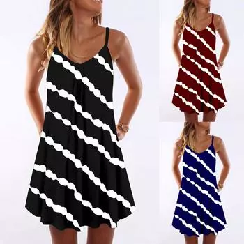 Женское летнее полосатое платье без рукавов с принтом тай-дай и V-образным вырезом, мини-сарафан трапециевидной формы L чёрный