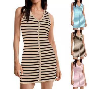 Женское летнее полосатое платье без рукавов с V-образным вырезом, элегантное платье с пуговицами, короткие платья XS красный