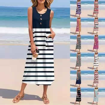 Женское летнее полосатое платье с принтом без рукавов на пуговицах, повседневный свободный длинный пляжный сарафан XXL белый
