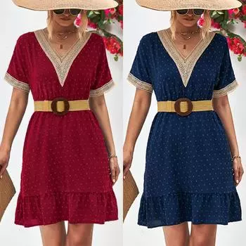 Женское летнее повседневное элегантное цельное платье с коротким рукавом и V-образным вырезом S темно-синий