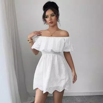 Женское летнее повседневное белое цельное платье с открытыми плечами и вышивкой S
