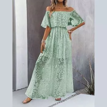 Женское летнее повседневное белое платье с открытыми плечами и вышитым кружевом с высоким разрезом S зелёный