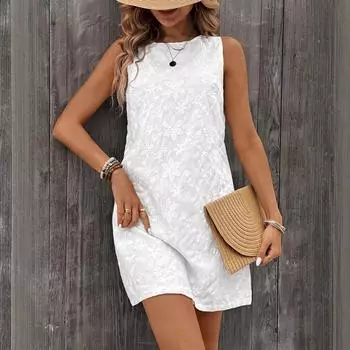 Женское летнее повседневное белое вышитое цельное платье с круглым вырезом S