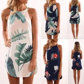 Женское летнее повседневное без рукавов сексуальное пляжное мини-короткое платье на бретельках с цветочным принтом S