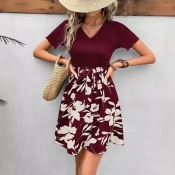 Женское летнее повседневное цельное платье с коротким рукавом и V-образным вырезом и цветочным принтом S
