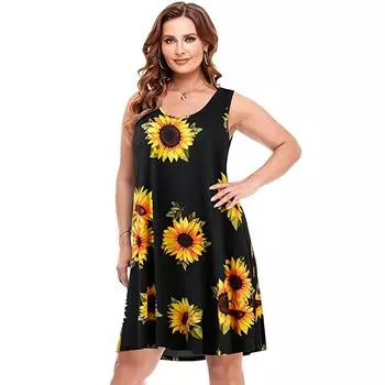 Женское летнее повседневное цельное платье без рукавов с круглым вырезом и карманом с цветочным принтом S чёрный