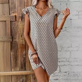 Женское летнее повседневное цельное платье с короткими рукавами и кружевным принтом S