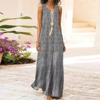 Женское летнее повседневное длинное платье без рукавов с v-образным вырезом и геометрическим принтом кафтан-майка XXXL чёрный
