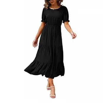 Женское летнее повседневное длинное платье, свободное платье в стиле бохо с круглым вырезом, рюшами и пышными рукавами, пляжное платье макси с высокой талией S чёрный