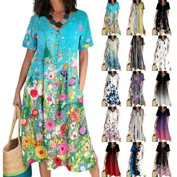 Женское летнее повседневное хлопковое льняное платье на пуговицах с цветочным принтом и V-образным вырезом с короткими рукавами XXL хаки