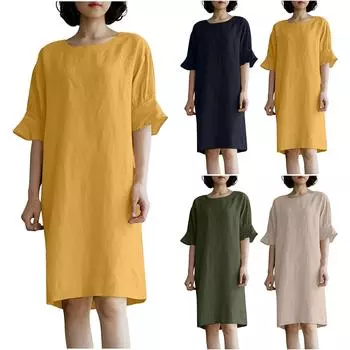 Женское летнее повседневное хлопковое льняное свободное однотонное платье с короткими рукавами и круглым вырезом XXXL армия зеленый