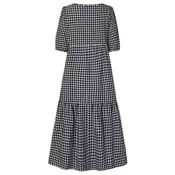 Женское летнее повседневное клетчатое платье с пышным воротником и круглым вырезом с короткими рукавами и большим распашным шитьем XXL чёрный
