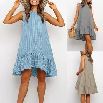 Женское летнее повседневное маленькое клетчатое платье трапециевидной формы без рукавов с круглым вырезом и строчкой M чёрный