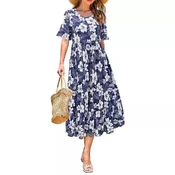 Летнее новое женское платье миди с цветочным принтом, платье в стиле бохо с круглым вырезом, короткими рукавами, повседневное платье с круглым вырезом, многоуровневое, струящееся, гавайское пляжное платье-сарафан S