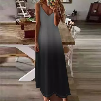 Женское летнее повседневное модное длинное платье без рукавов с v-образным вырезом и градиентным принтом, повседневные платья L чёрный