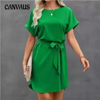 Женское летнее повседневное модное новое платье с коротким рукавом и поясом на шнуровке S темно-зеленого