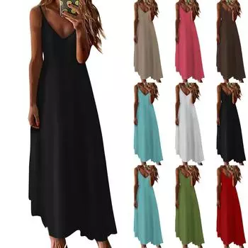 Женское летнее повседневное модное однотонное длинное платье без рукавов с V-образным вырезом, повседневные платья L армия зеленый