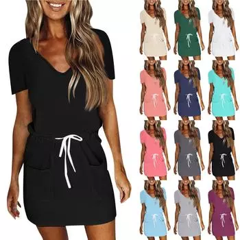 Женское летнее повседневное модное однотонное платье с V-образным вырезом и короткими рукавами на шнуровке L бежевый