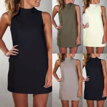 Женское летнее повседневное модное однотонное платье без рукавов с полуводолазкой S чёрный