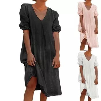 Женское летнее повседневное модное однотонное платье с v-образным вырезом и рукавами-пузырьками XXXL белый